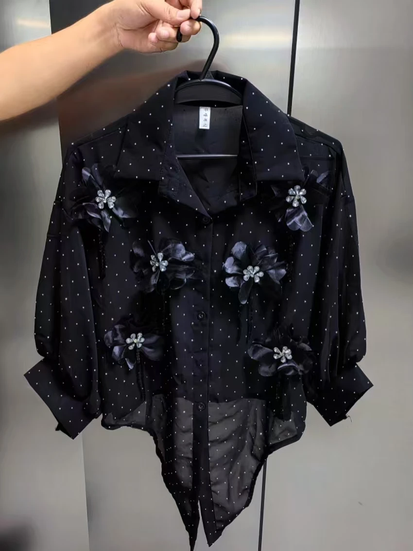 

Блузки и рубашки с вышивкой в виде цветов и стразами для женщин, кардиганы, весенне-летние солнцезащитные топы, популярная корейская одежда