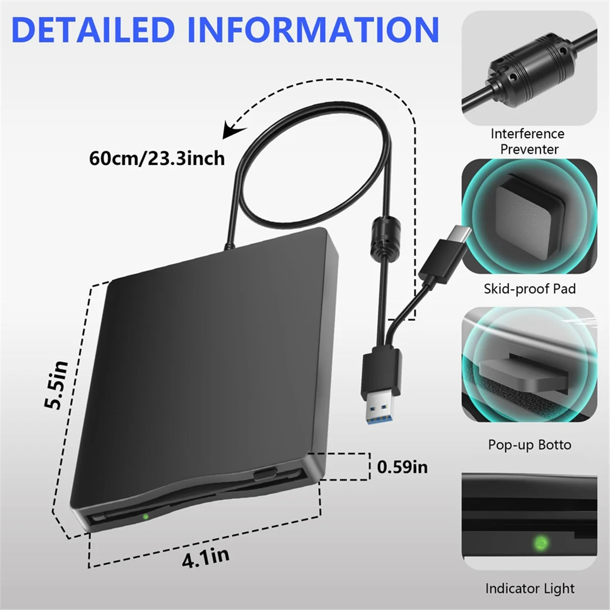 Floppy Disk Reader, 3.5 Inch External Floppy Disk Drive with USB Type-C, Portable FDD Floppy Disk Drive for Laptop PC