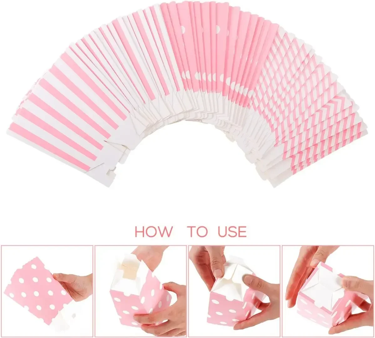 6/12/18 قطعة من صندوق الفشار الورقي المخطط المموج المنقط الوردي ، صندوق هدايا حلوى الفشار ، الزفاف ، ديكور حفلات أعياد الميلاد