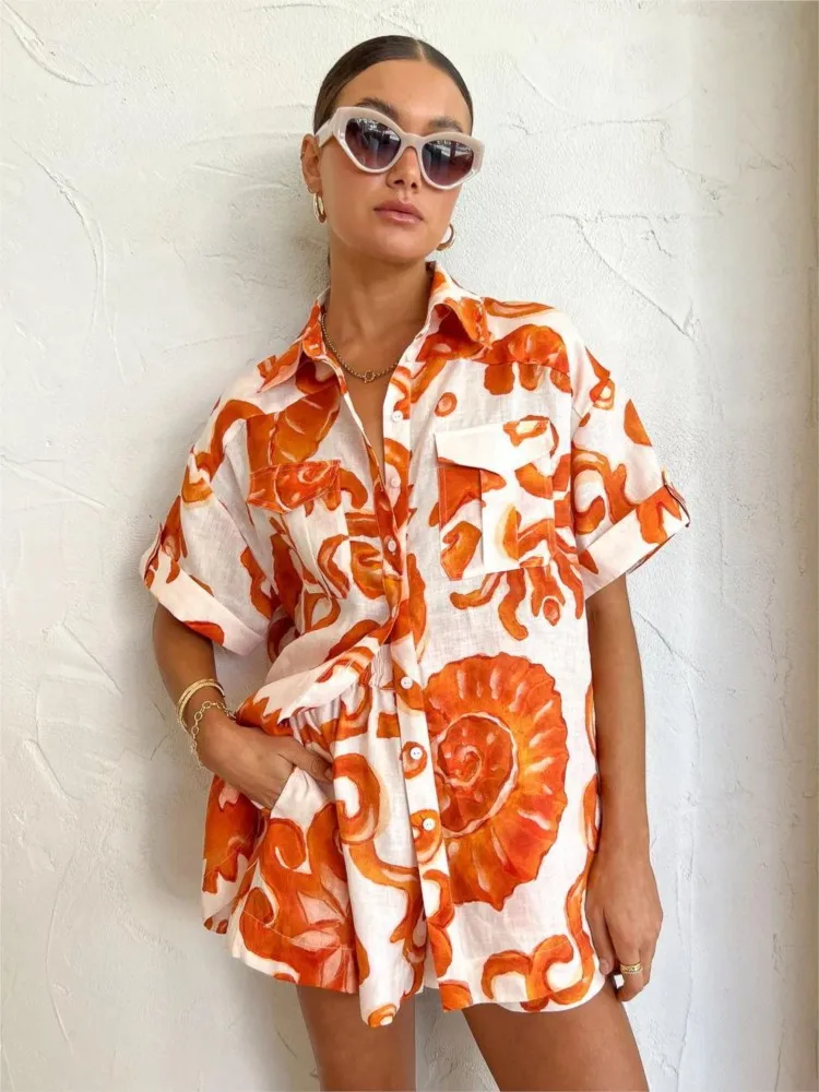 Holiday Printed Two Piece Set For Women Casual Loose Beach Outfits Short Sleeves Shirt Mini Shorts 2 Piece Sets Fashion 2023 New