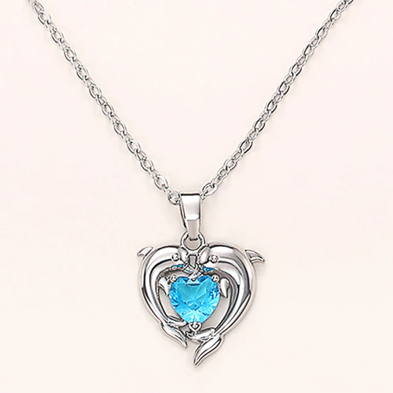 Huitan Couple Dolphin with Blue Heart CZ Necklace Women Chic Bride Wedding Clavicle Chain Necklaces Fancy Gift Statement Jewelry