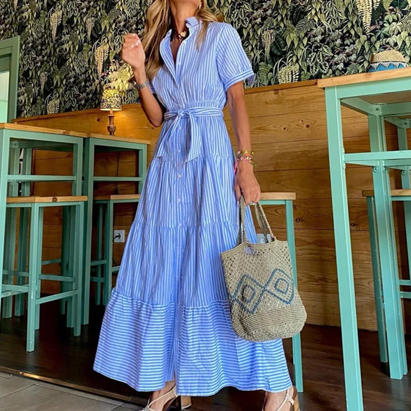 

Women Blue Striped Maxi Dress Short Sleeve Lace Up Ruffles Hem Streetwear Boho Vacation Office Lady Dresses Summer Robes Vestido