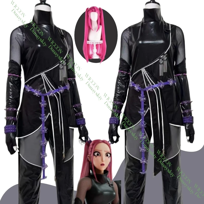 

Kpop Demon Hunters Mira Косплей Костюм Парик Huntrix Кожаный Топ Брюки Костюм для выступлений для женщин Девочек Хэллоуин Карнавал