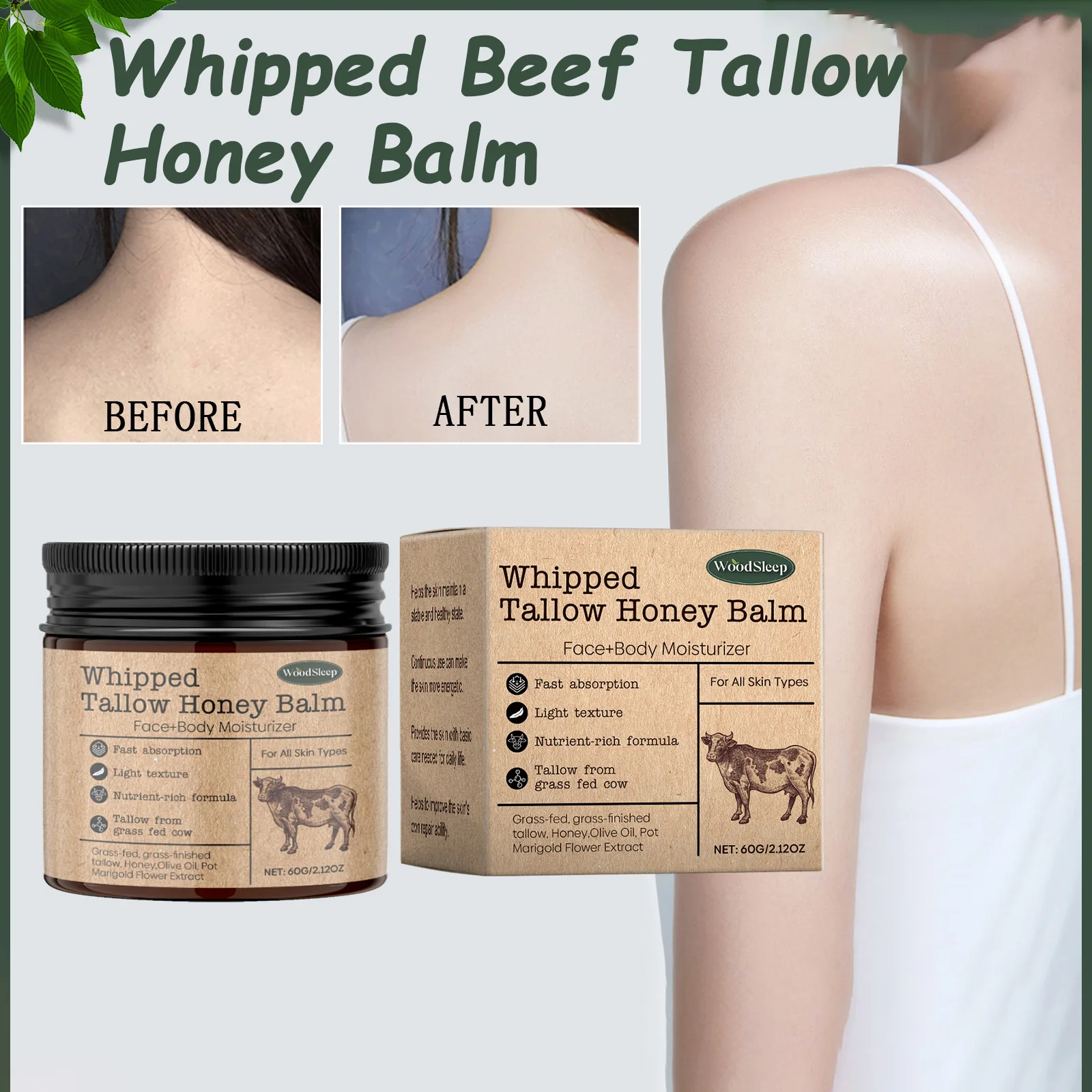 Bálsamo de miel Tallow de ternera batido, crema hidratante profunda, brillo, absorción rápida, crema facial con acabado de hierba, loción corporal