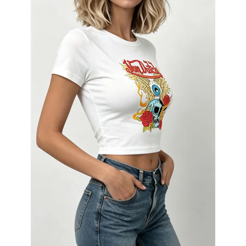 Printed Women's Retro Street Style Skull Rose Print Crew Neck Short-Sleeved Fitted Short-Sleeve T-Shirt, for Summer Wear