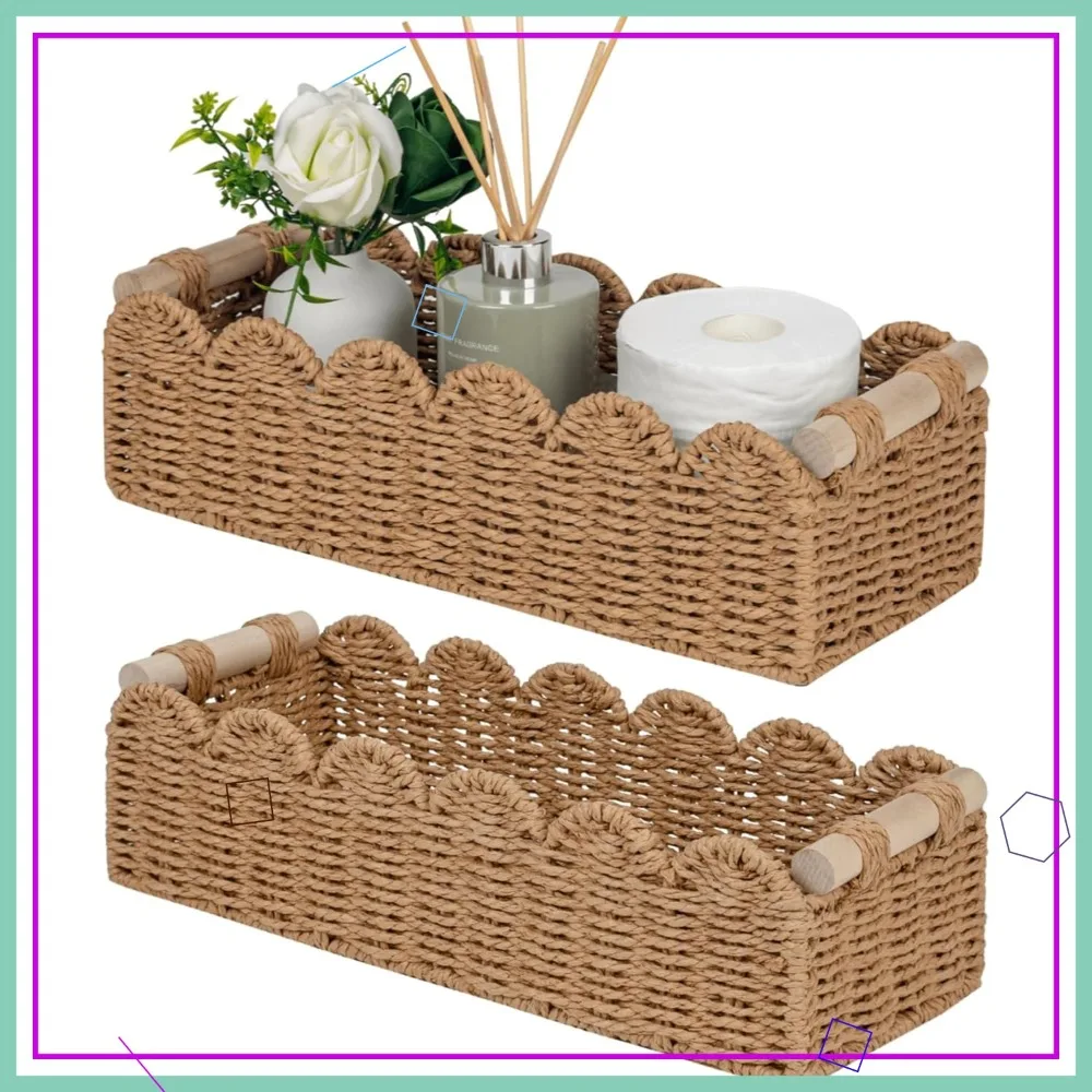 

Scalloped Paper Rope Basket for Living Room, Bathroom Storage & Decor, Neutral Woven Toilet Shelf Organizer