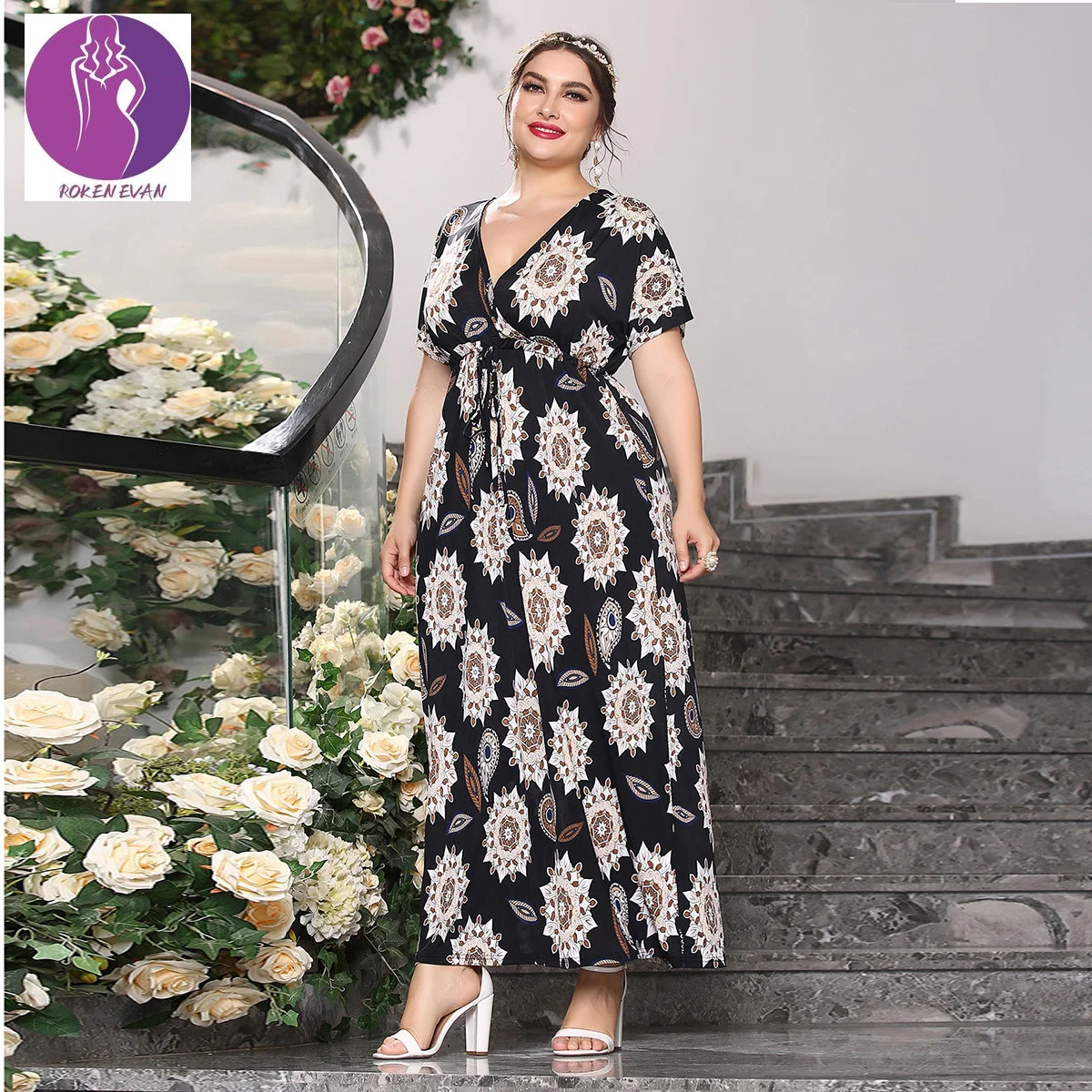 

2022 Women Muslim Abaya Long Sleeve Floral Print Plus Size Dress Dubai Abaya Turkey Maxi Dress Middle East Islamic Morocco Dress