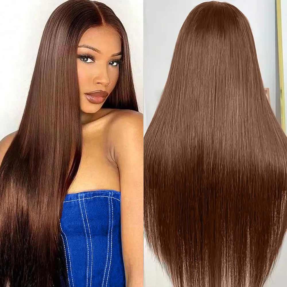 # 4 チョコレートブラウンストレートレースフロントウィッグ 13 × 6 透明レースフロントウィッグ事前摘み取られたブラジル人 100% 人毛ウィッグ 200%