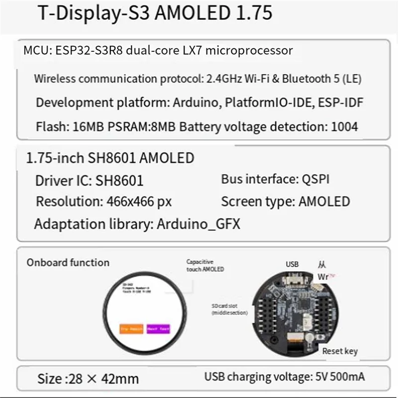 Neu – T-Display-S3 ESP32-S3 Entwicklungsboard 1,75 Zoll AMOLED, WLAN, Bluetooth 16 MB Flash, 8 MB PSRAM