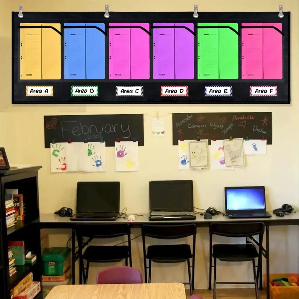 

Sturdy Horizontal Storage Pocket Chart Wall Mounted with 6 Clear Pockets Homework Storage Pocket Chart 4 Hook Hole Durable
