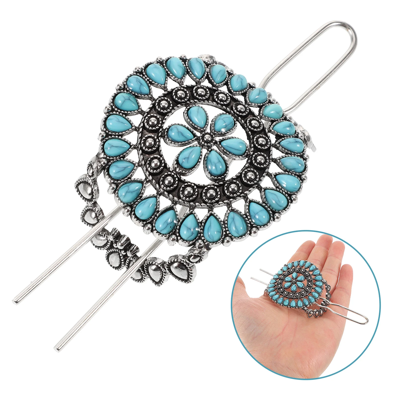 

Vintage Hairpin Zinc Alloy Flower Design Easy Wear Women Hair Decor Turquoise Fork Chinese Headdress Retro Style Hair
