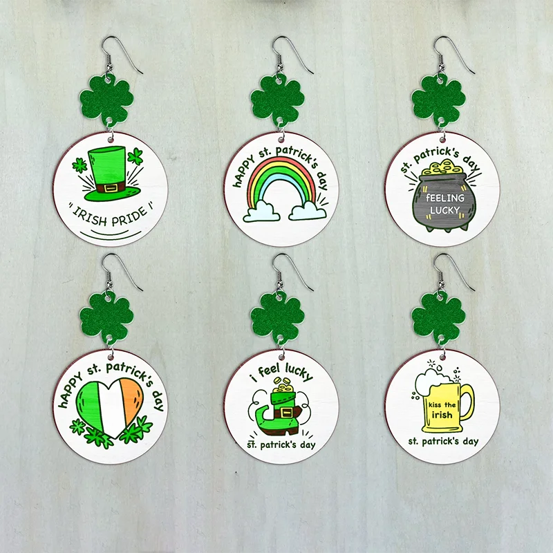 New Wood Earrings Green Day St. Patrick's Day Shamrock Lucky Carnival Four-leaf Clover Beer Hat Rainbow Earrings for Women