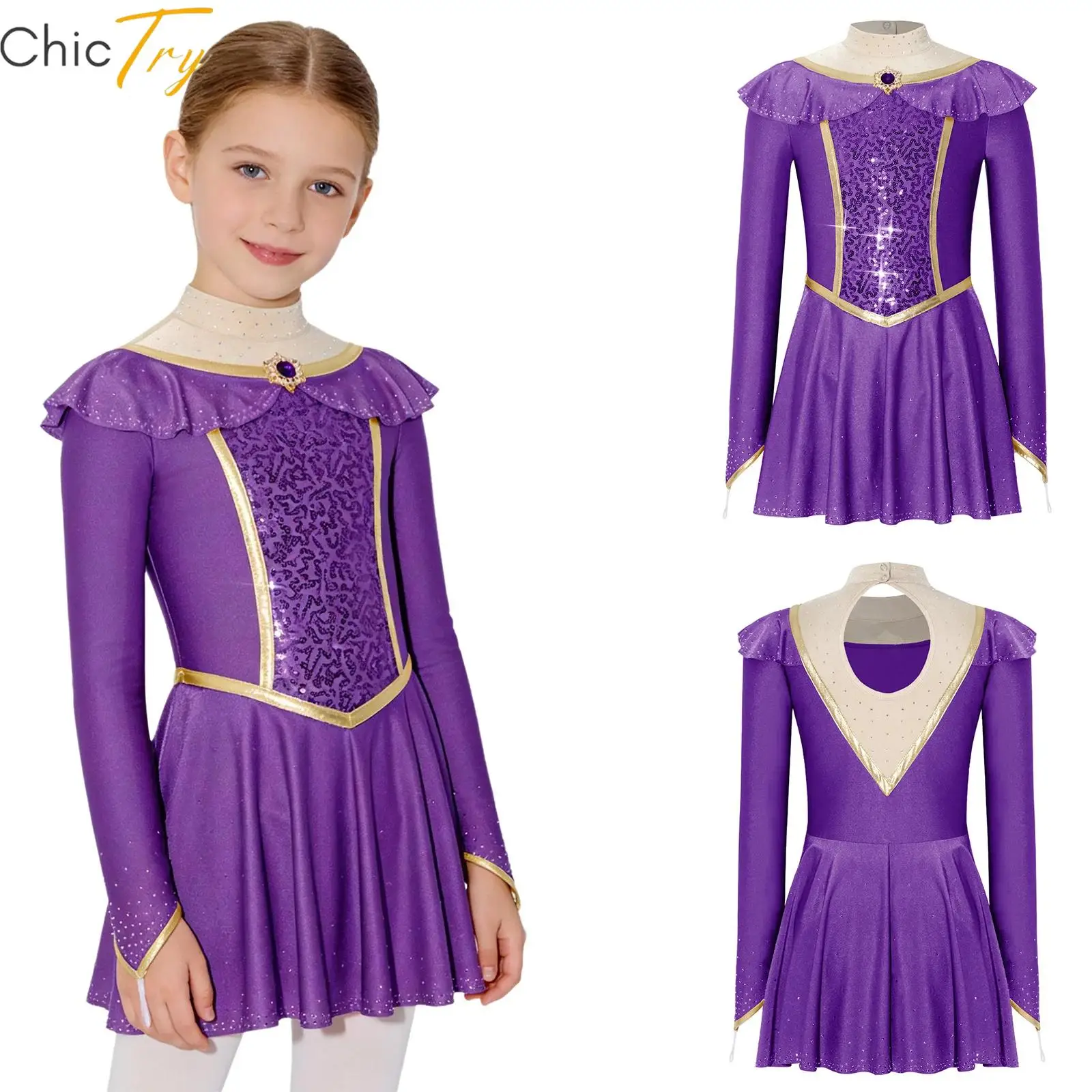 

Arabian Princess Costume Halloween Cosplay Party Dress for Girls Sparkly Rhinestones Sequins Mock Neck Long Sleeve Back Cutout