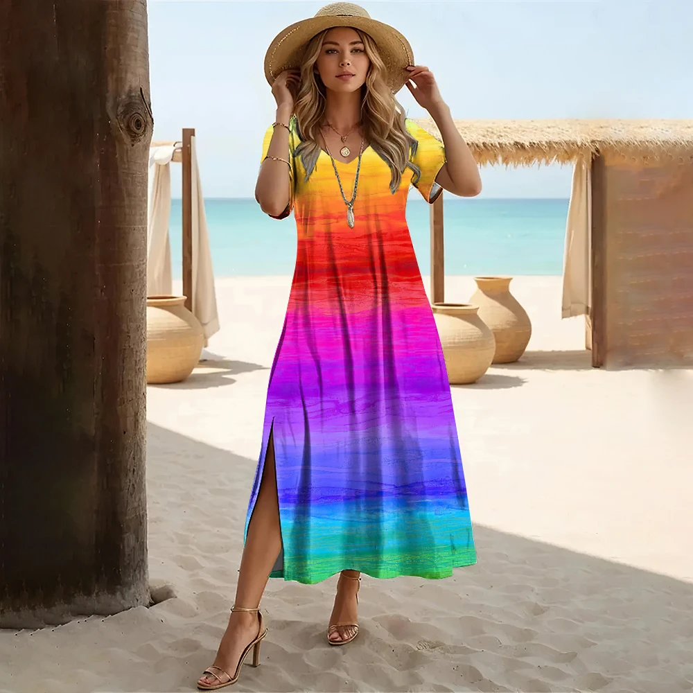 

Coloured Streaks Print Women's Dresses Short Sleeves Fashions Party Dress Elegant V-Neck Slit Clothing Summer Holiday 2024 New