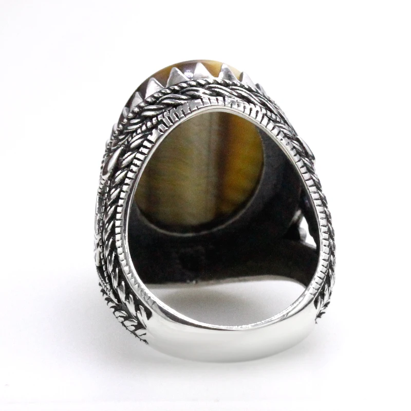 خاتم فضة 925 أصلي من الذهب الطبيعي على شكل عين النمر هدية كلاسيكية للرجال تصميم تركي أنيق ذو طبقات مجوفة