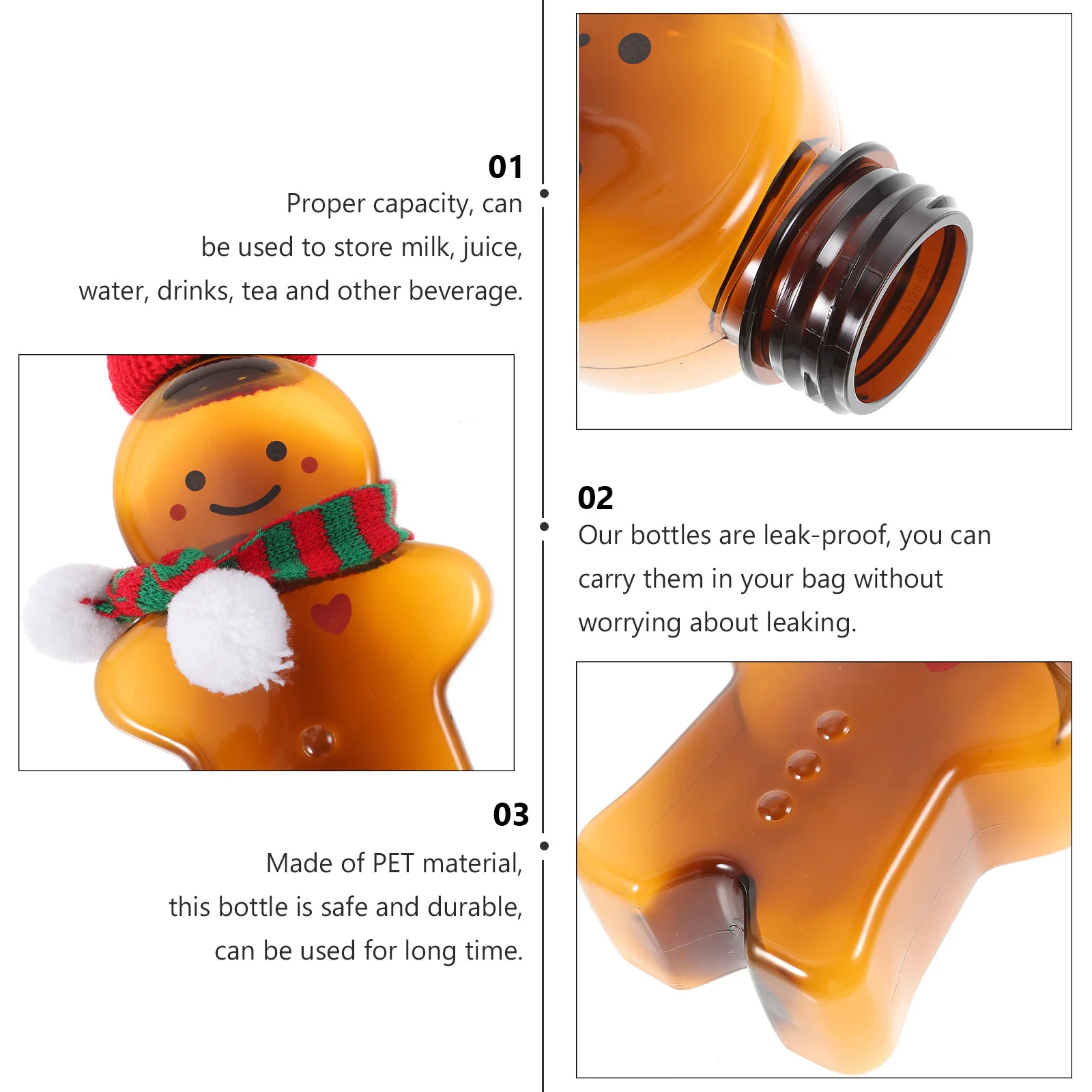 3 Sets Hot Water Bottle Christmas Drink Glasses Containers with Lids Gingerbread Man The Pet Reusable Juice Bottles