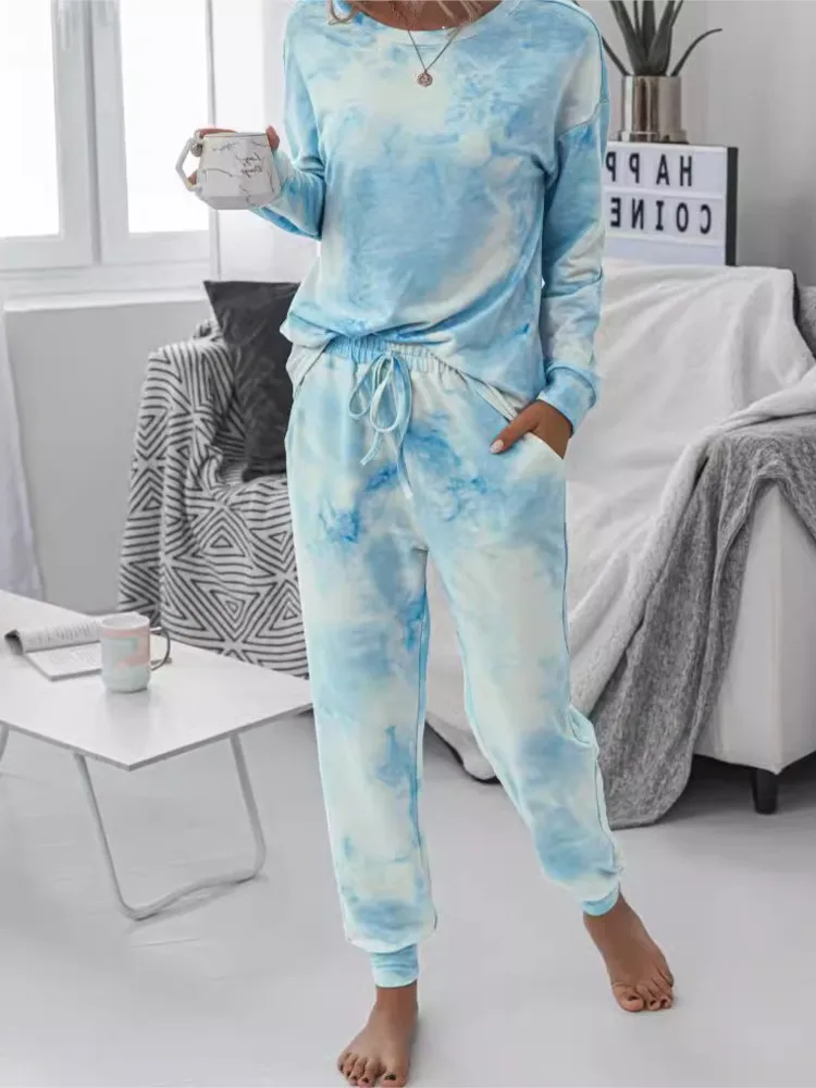 

Autumn Women's Suit Fashion Tie Dye Two Piece Set Casual Loose V Neck Top And Pencil Pants Set 2025 Outfit Comfortable Homewear