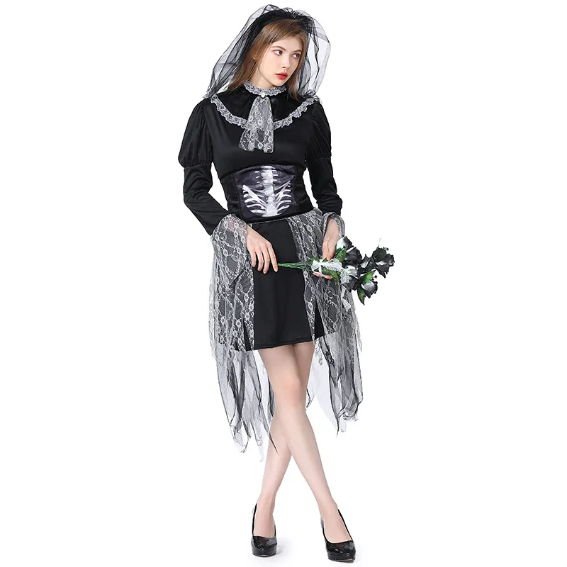 Halloween Women's Ghost Bride Cosplay Costume Horror Skull Long Sleeve Lace Patchwork Dress Carnival Purim Party Fancy Outfit