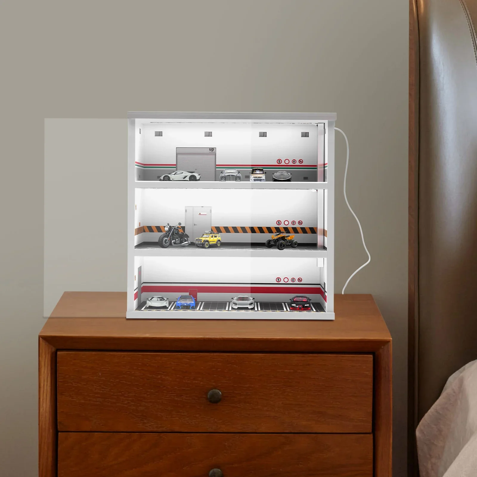 Model Car Display Cabinet, 3-Tier LED Lit, Dust-proof Door, PVC and Acrylic, 1:64 Scale, for Home and Office Decor