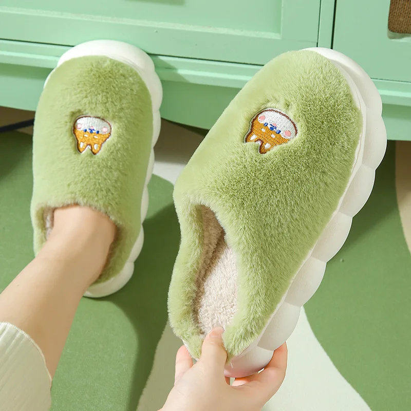 Winter Cotton Slippers Cute Cartoon Animals Furry Slippers Women Home Non-slip Flip Flops Ladies Warm Plush Platform Fur Slides