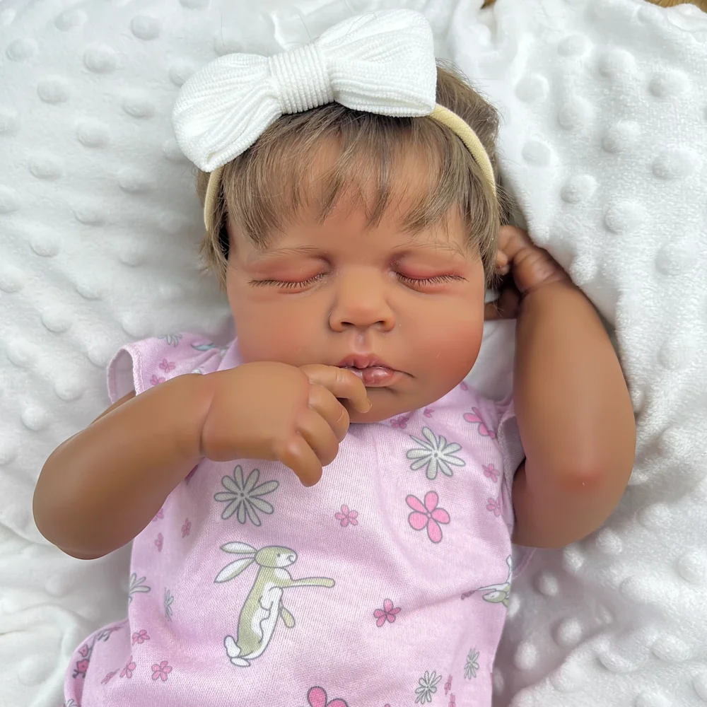 BZDOLL 19In Asleep Reborn Baby Doll 48 CM Black Brown Skin Handmade Vinyl Limbs Cloth Body Ideal Play House Toy Birthday Present