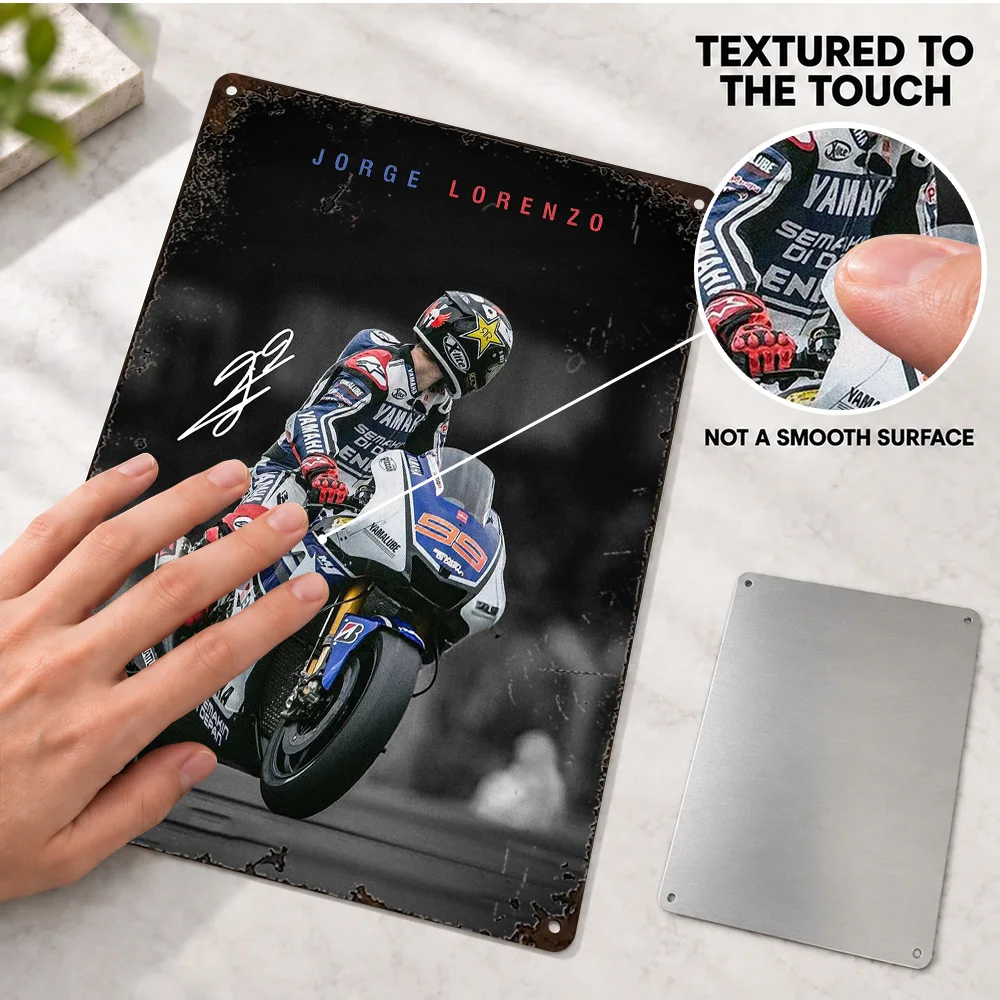Jorge Lorenzo MotoGP Textured Metal Poster Customized Aluminum Sign Black And White With Color Accents Wall Art For Workshop
