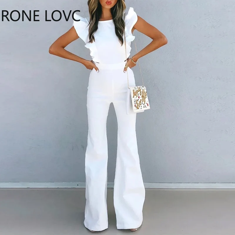 

Women Elegant Solid Ruffle Straps Sleeveless Boot Cut Midriff Zipper Sexy White Jumpsuits