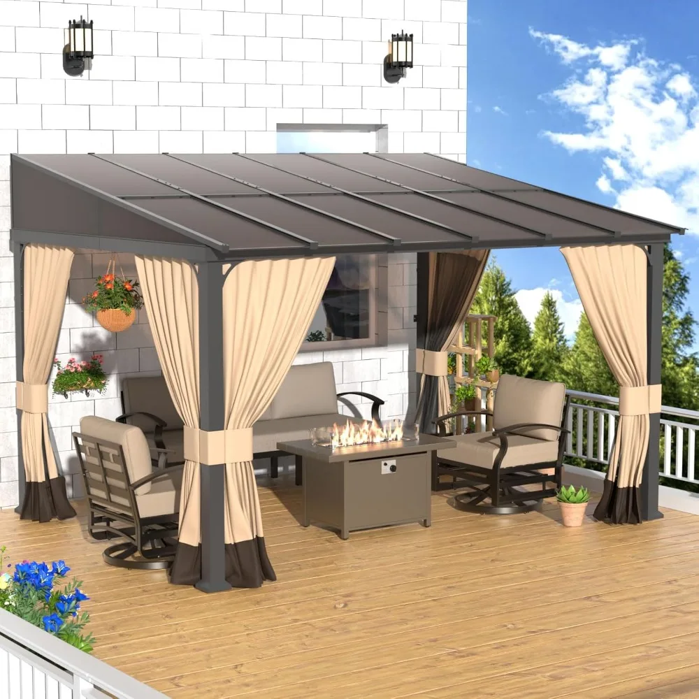 

10' x 12' Outdoor Pergola Wall-Mounted Hardtop Lean to Gazebo with Sloped Roof and Double Curtains & Netting,Awnings for Patio