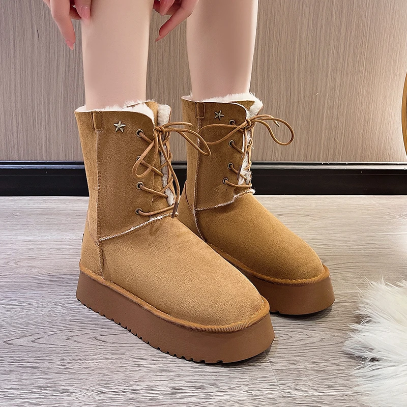 

Winter Women Shoes Round Toe Thick Heel Boots Women Cow Suede Leather Shoes for Women Warm Wool Blend Platform Boots Snow Boots