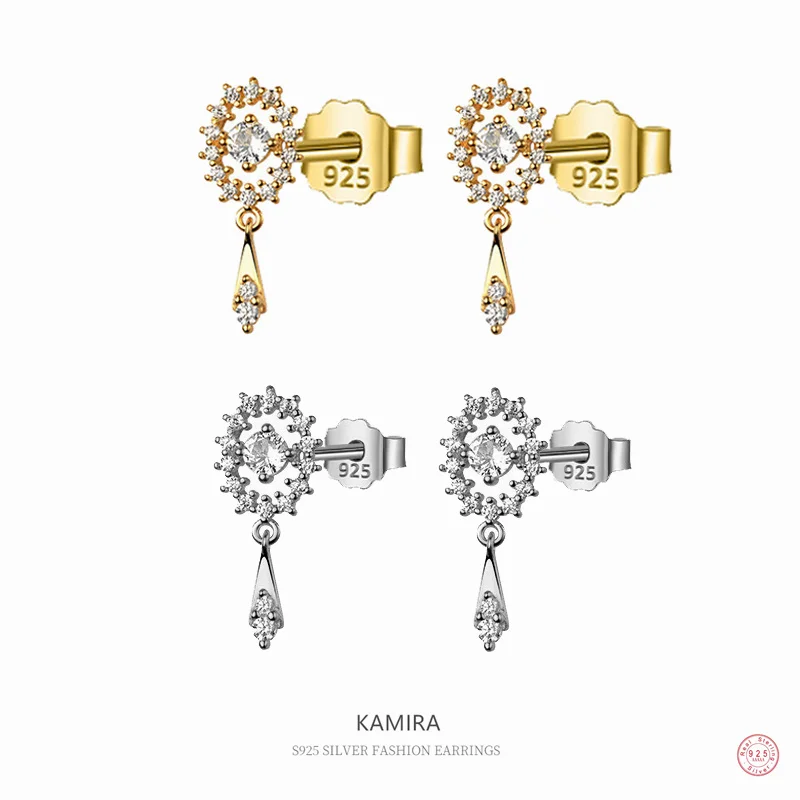 

KAMIRA 925 Sterling Silver Tassel Shiny Hollow Zircon Romantic Flower Stud Earrings Women Fashion Korean Elegant Wedding Jewelry