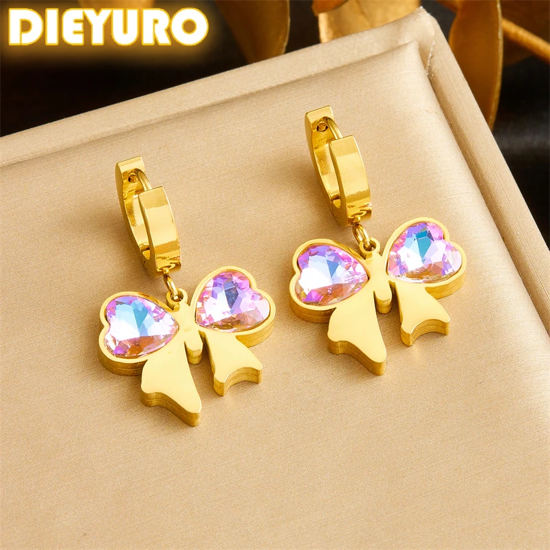 DIEYURO 316L Stainless Steel Pink Purple Zircon Bowknot Earrings Womens Fashion Design Sense New Current Ear Jewelry Gift Party