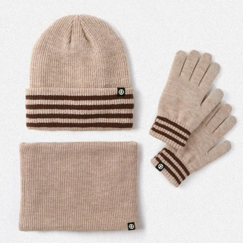 Acrylic Fiber Winter Accessories 3pcs Winter Hat Scarf Gloves Set Striped Print Thickened Velvet Lining Windproof Warm