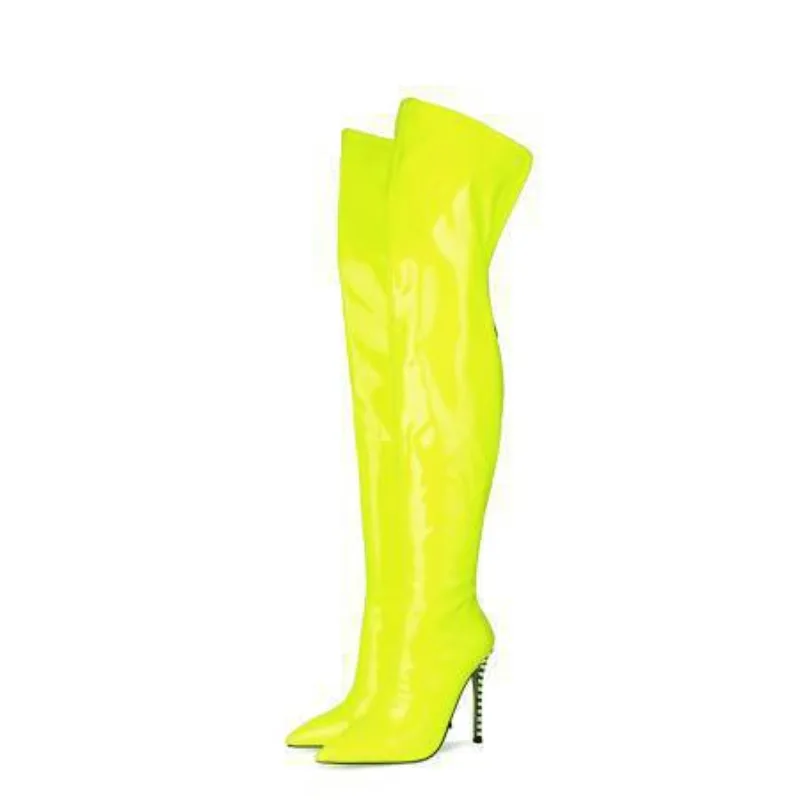 Autunno e inverno giallo moda sopra il ginocchio stivale in pelle verniciata alta Heels12CM tacchi sottili arancione cerniera posteriore stivali da