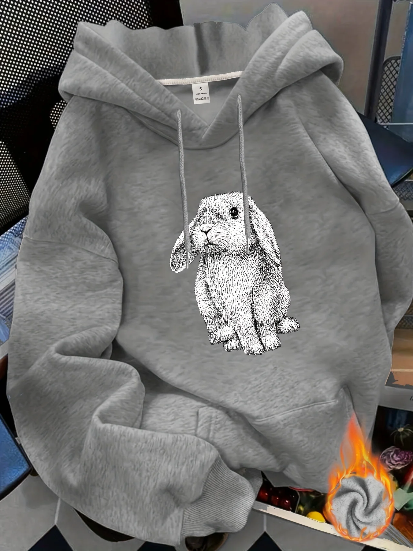 Women's Loose Winter Pullover Hoodie Cute Rabbit Portrait Graphic Print Long Sleeve Front Placket Casual Warm Hooded Sweatshirt