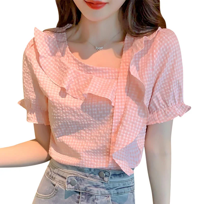 Sweet Loose Spliced Folds Ruffles Lattice Blouse Female Clothing 2023 Summer New Casual Pullovers Office Lady Asymmetrical Shirt