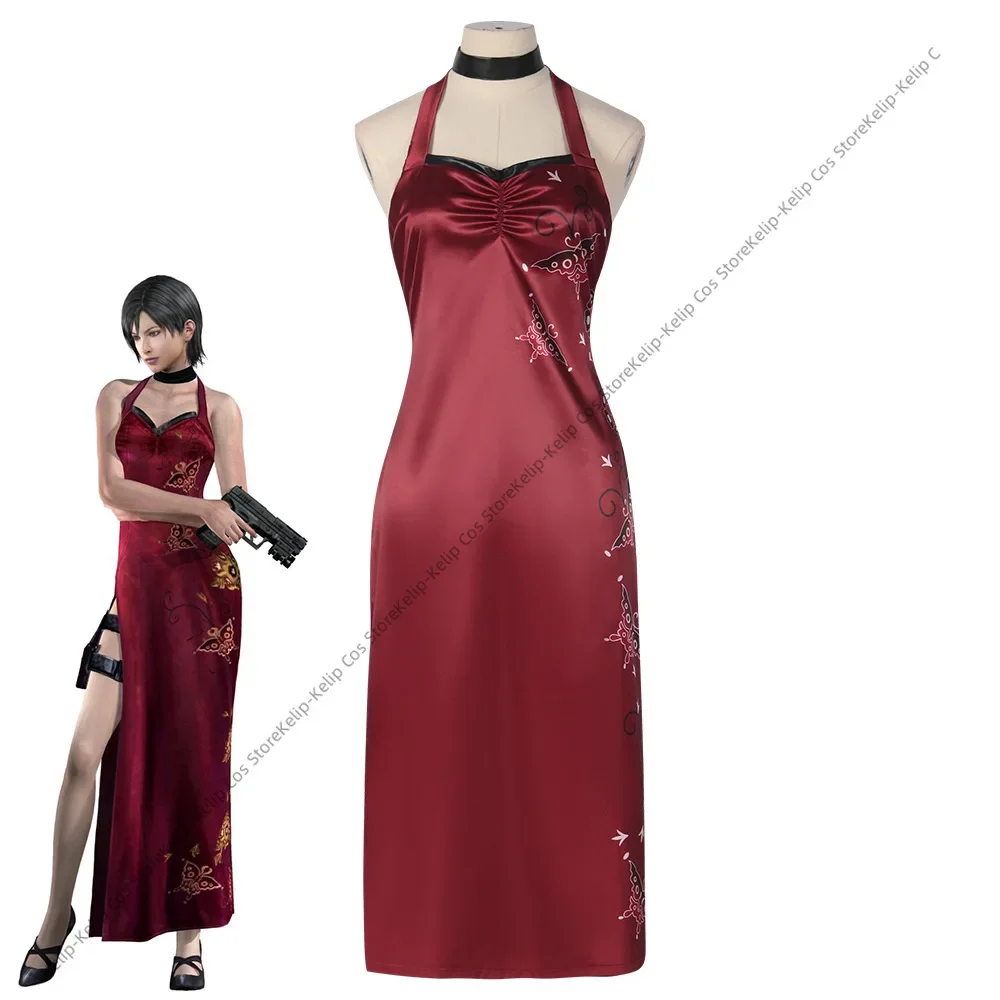 

Женский костюм для косплея Resident 4, Ада Вонг, злое платье Cheongsam, красный парик Ада, обувь на Хэллоуин, карнавал, маскировочный костюм для женщин и девочек