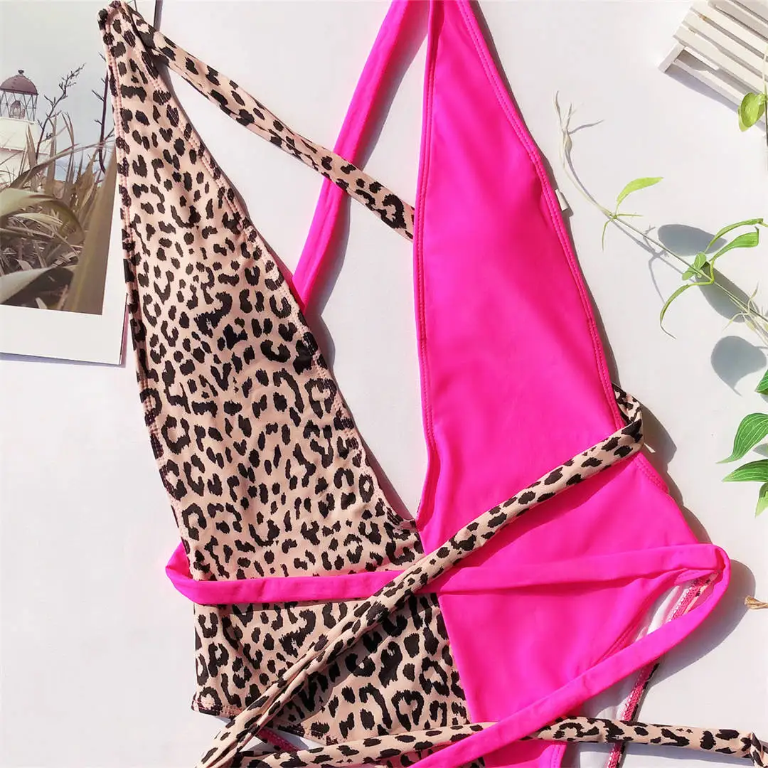 Leopard V-Ausschnitt DIY Wickel-Badeanzug, einteiliger Badeanzug für Damen, Badebekleidung, Leopardenmuster, hoch geschnittener Badeanzug, Monokini V742 – Detail 26