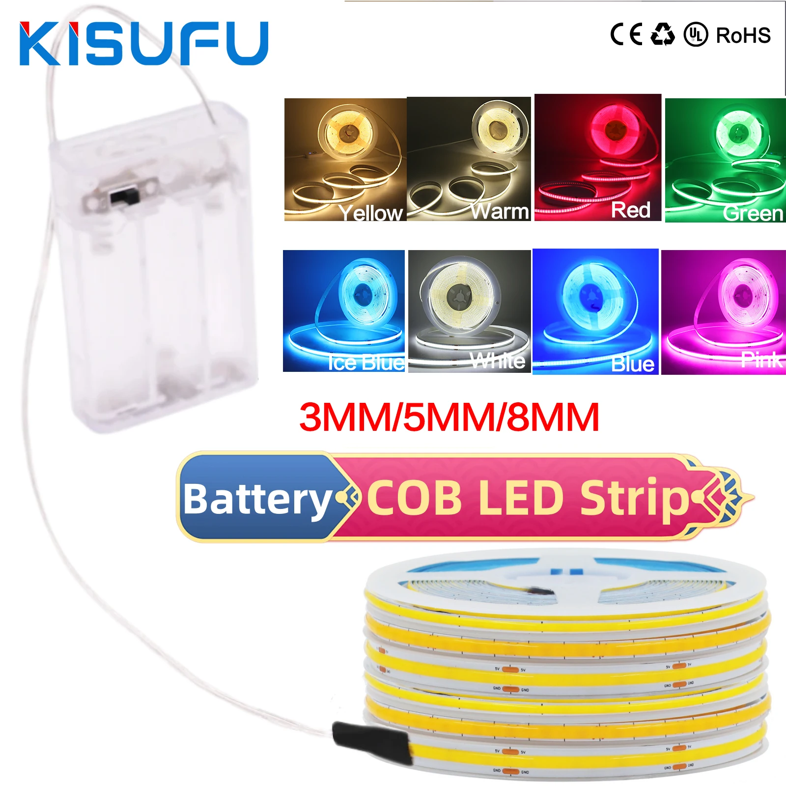 AA Battery Box Powered COB LED Strip White Red Green Blue PCB 3mm 5mm 8mm 5V 320LEDs/m High Density COB Tape for Room Backlight