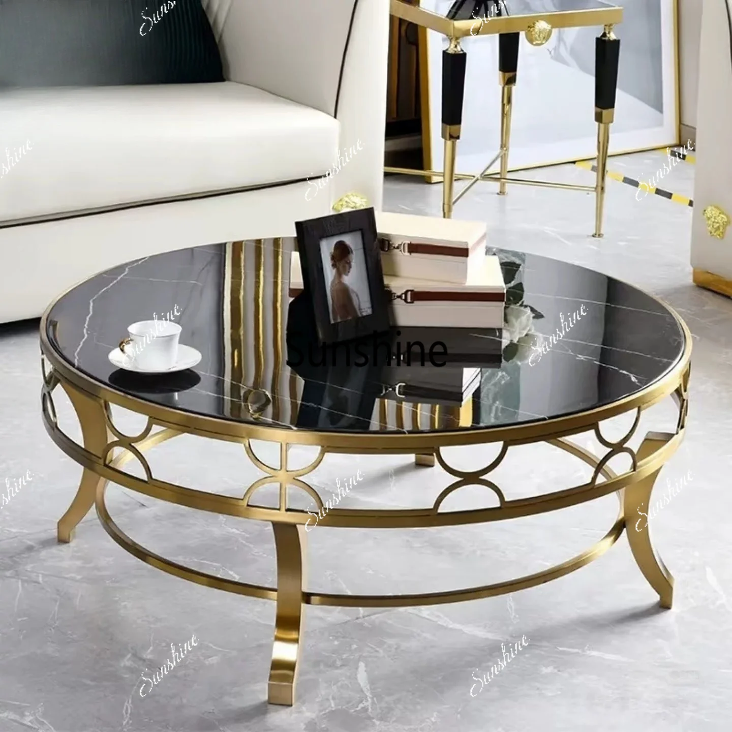 black and white sintered stone plate, stainless steel electroplated frame living room furniture