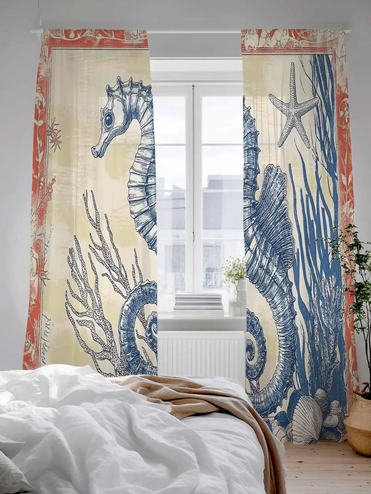 

Ретро океанский морской конек, тюлевые прозрачные шторы для гостиной, спальни, кухни, украшения, вуаль, шторы из органзы
