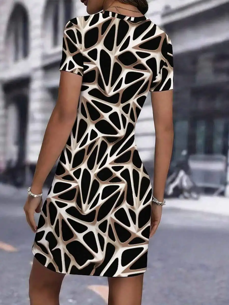 

Womens 3D Geometric Print Bodycon Dress Short Sleeve Crew Neck Elegant Casual Semi-Formal