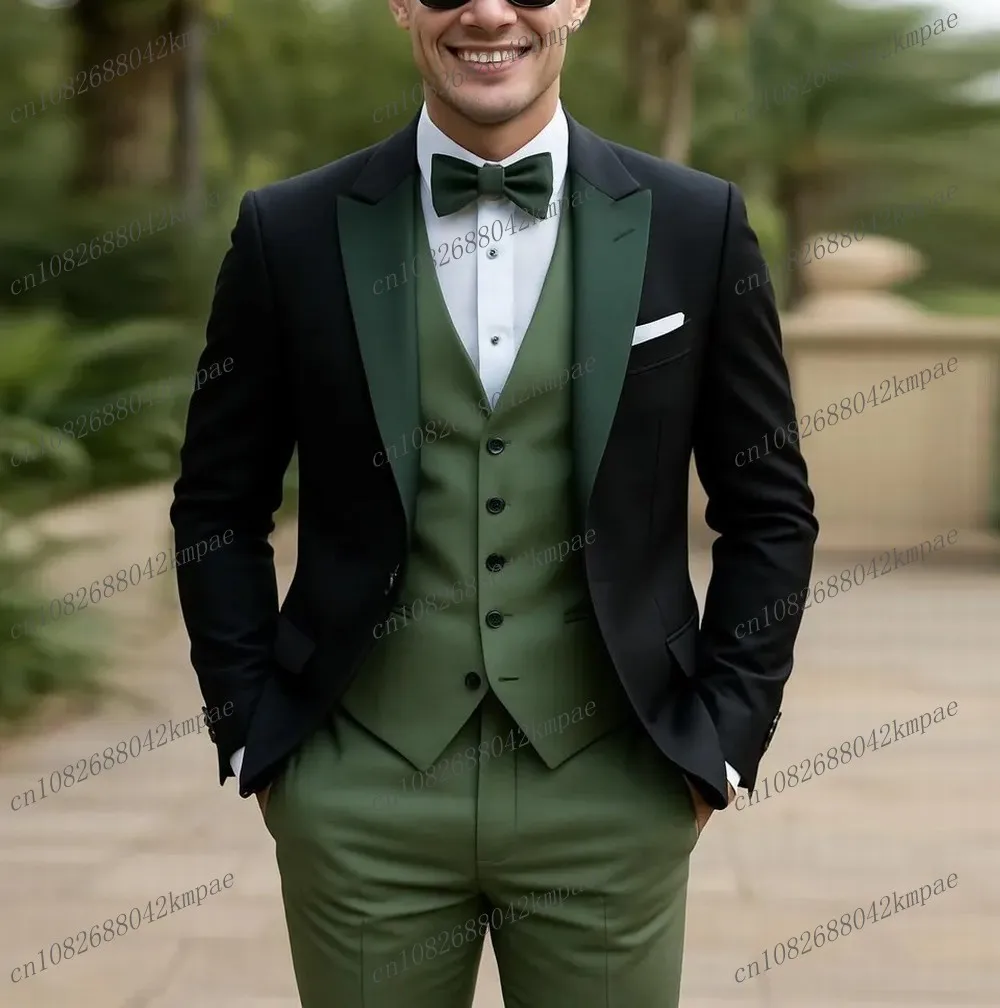 

New Black And Green Formal Men Suit Groom Groomsman Wedding Party Prom Business Male Tuxedos 3 Piece Set Blazer Vest Pants