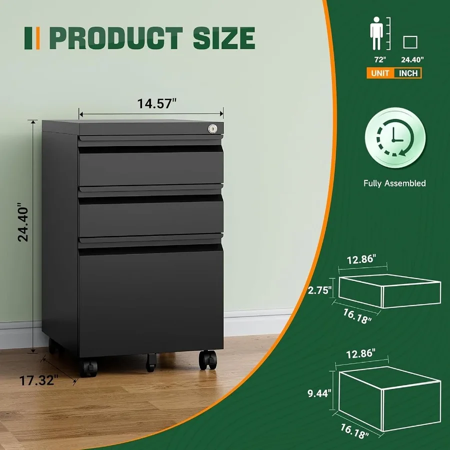 3 Drawer Mobile File Cabinet with Lock, Under Desk Metal Filing Cabinets for Home Office Organizer Letters/Legal/A4 (Fully Asse
