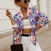 Flower Print Long Sleeve Women's Jacket Fashion Zipper Up Vintage Coat Tops Elegant Slim Basic Ladies Jackets