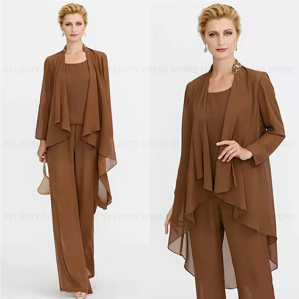 Elegante Moeder Van De Bruid Jurken Jumpsuit/Broek Pak Chiffon O-hals Formele Bruiloft Feest Avondjurk Met Kralen Voor Vrouwen