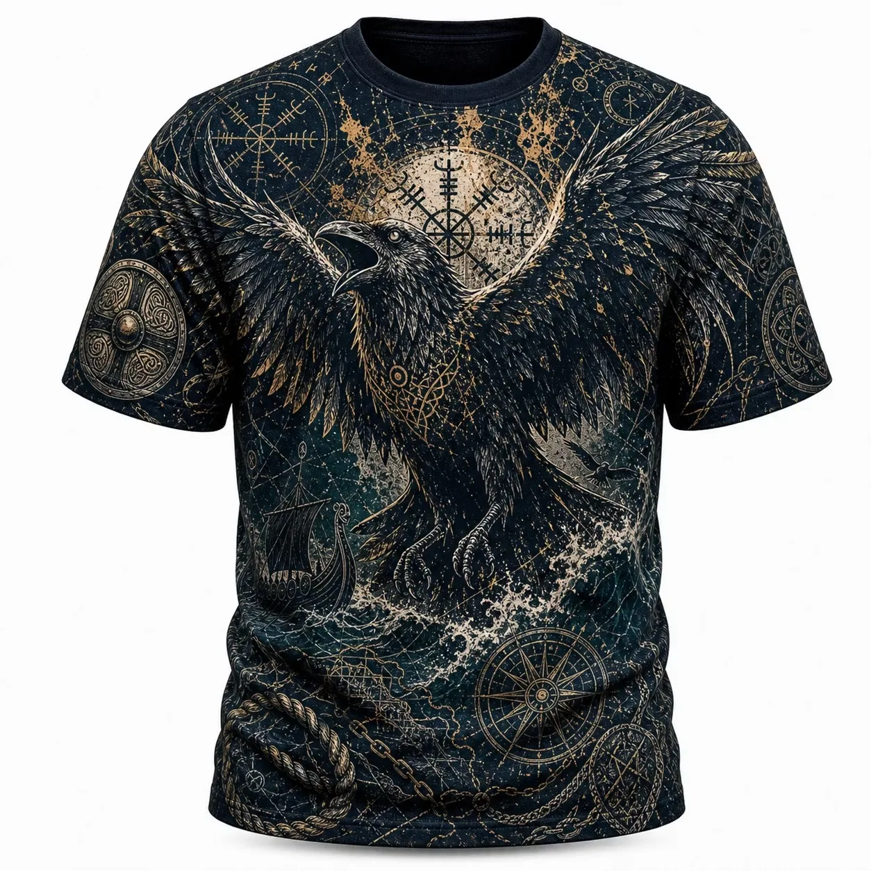 Nordic Mythology Retro Raven 3D Print Men's Short-Sleeve Round-Neck Oversized T-Shirt—Summer Quick-Dry Breathable Casual Top