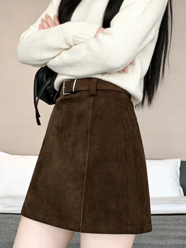 Gonna in Velluto Effetto Pelle di Cervo Marrone Invernale, Gonna a Vita Alta a Linea A per Donna, Gonna Aderente in Ecopelle Ci Walk