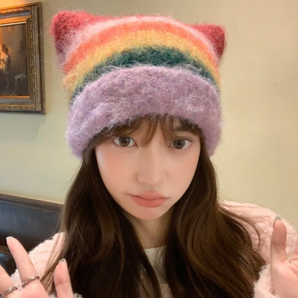 

Casual Colored Cat Ears Pullover Hat Gradient Japanese Style Striped Bucket Hat Warm Rainbow Woolen Knitted Hat Autumn Winter