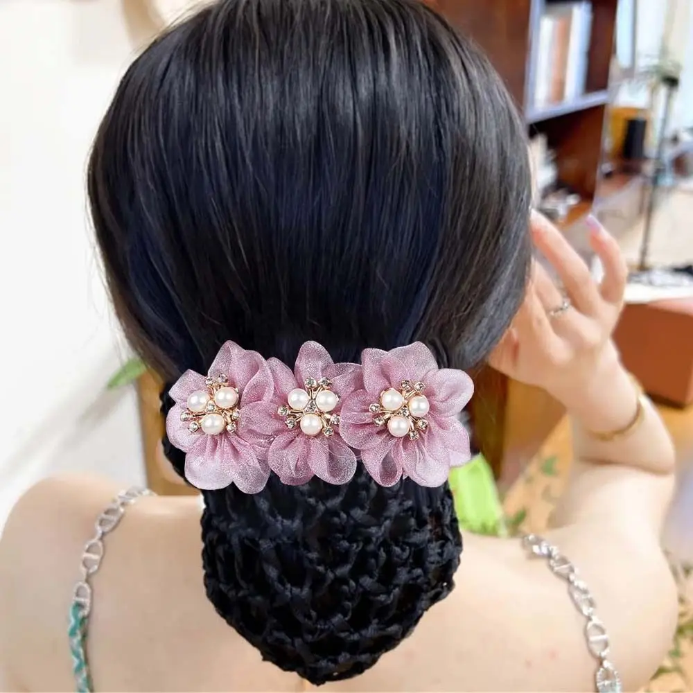 Lace Flower Snood Spring Clip Bun Snood Hairgrips Cover Net Pearls Crochet Bun Net Hair Clip Headwear Lace Hair Net Office Lady