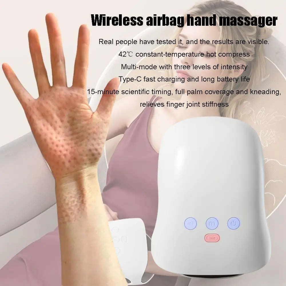 Heat Compress Cordless Hand Massager Multiple-Level Adjustable Pressure Kneading Rollers Electric Hand Massager